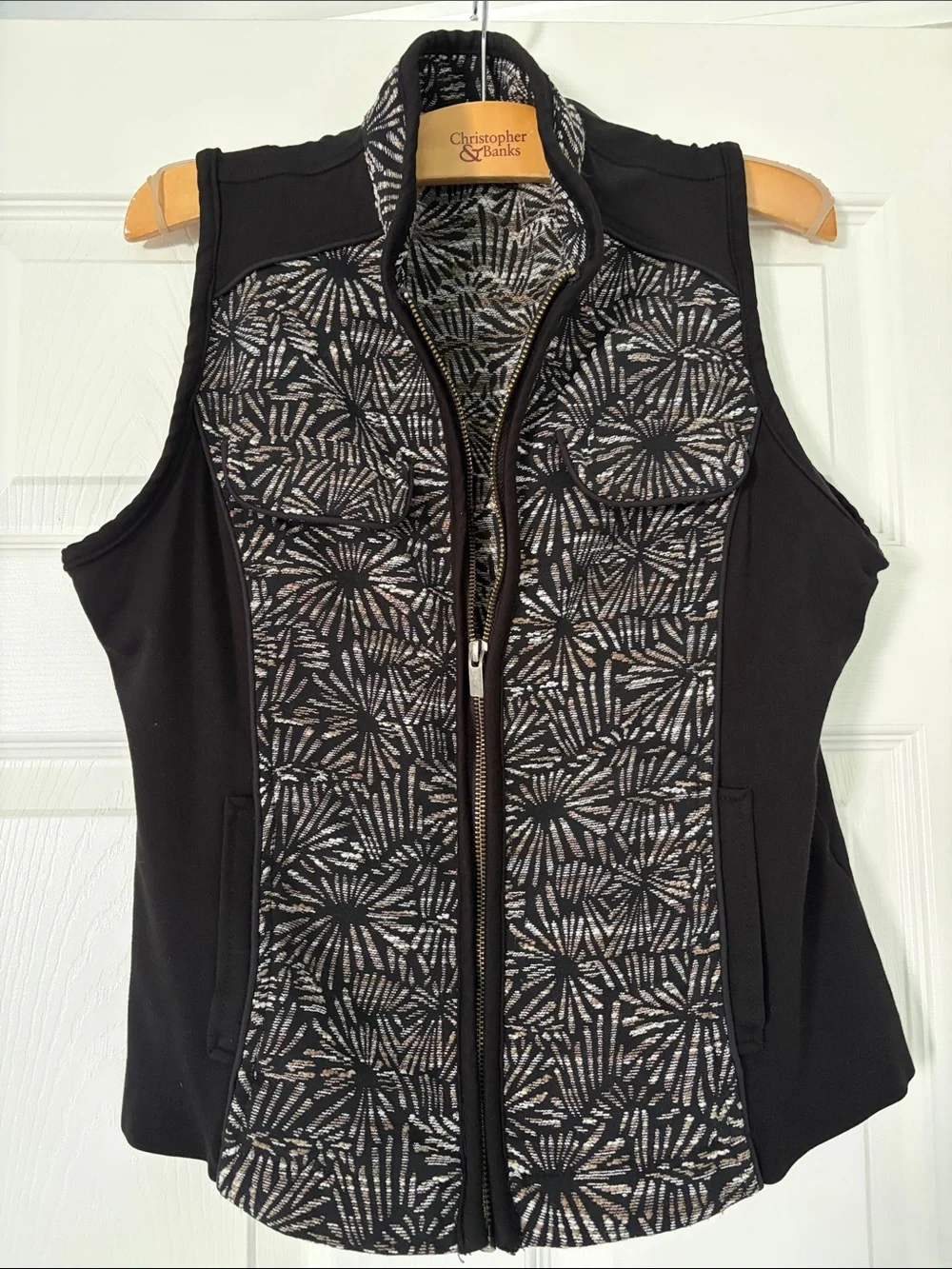 Christopher & Banks Black Floral-Pattern Zip Front Sleeveless Vest - Picture 1 of 6